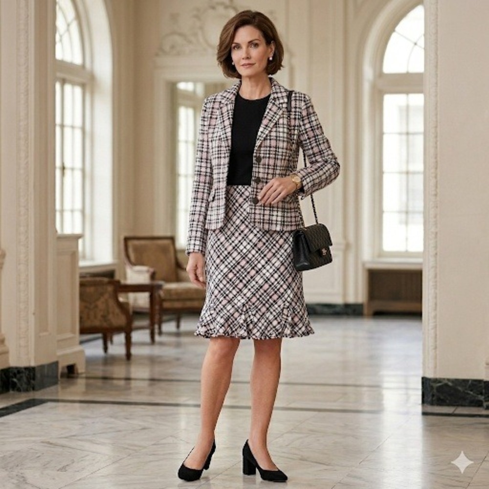 Vintage 90s Tweed Skirt Suit Set Jacket Pink Black Check 10 Allison Taylor